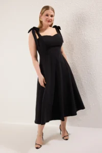 Trendyol Curve Black A-Cut Strap Binding Detailed Weaving Evening Gown Gece Graduation Dress