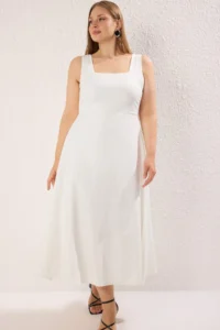 Trendyol Curve White Finike Weaving Plus Size Dress - Image 2
