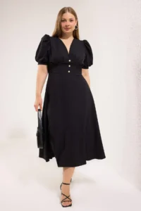 Trendyol Curve Black V-neck Balloon Kollu Pearl buttoned Midi Chic Weaving Plus Size Dress