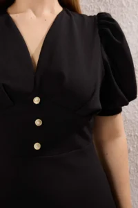 Trendyol Curve Black V-neck Balloon Kollu Pearl buttoned Midi Chic Weaving Plus Size Dress - Image 3