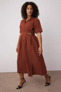 Trendyol Curve Brick Rejection Shirt Collar Midi Weaving Plus Size Dress - Image 2