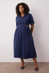 Trendyol Curve Navy Blue Shirt Collar Midi Weaving Plus Size Dress