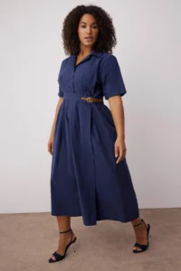 Trendyol Curve Navy Blue Shirt Collar Midi Weaving Plus Size Dress - Image 2