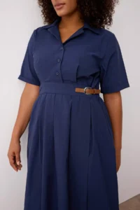 Trendyol Curve Navy Blue Shirt Collar Midi Weaving Plus Size Dress - Image 3
