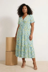 Trendyol Curve Yellow Floral Printed Double breasted Flexible skater/Waisted Midi Knitting Dress