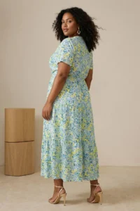 Trendyol Curve Yellow Floral Printed Double breasted Flexible skater/Waisted Midi Knitting Dress - Image 2