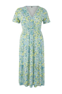 Trendyol Curve Yellow Floral Printed Double breasted Flexible skater/Waisted Midi Knitting Dress - Image 3