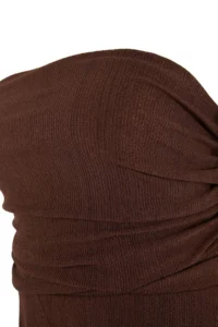 Trendyol Curve Brown Strapless skater/Ribbed Flexible Mini Knitting Dress - Image 2
