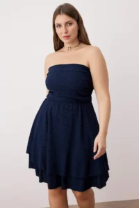 Trendyol Curve Navy Blue Strapless skater/Ribbed Flexible Mini Knitting Dress - Image 2