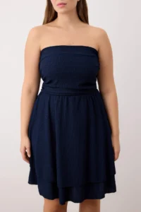 Trendyol Curve Navy Blue Strapless skater/Ribbed Flexible Mini Knitting Dress - Image 3