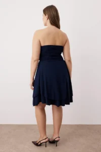 Trendyol Curve Navy Blue Strapless skater/Ribbed Flexible Mini Knitting Dress - Image 4