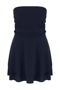 Trendyol Curve Navy Blue Strapless skater/Ribbed Flexible Mini Knitting Dress - Image 5