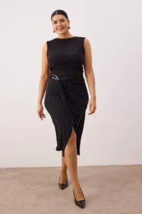 Trendyol Curve Black bodycon Midi Accessory Detailed Knitting Plus Size Dress - Image 2