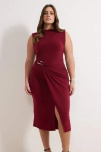 Trendyol Curve Burgundy bodycon Midi Accessory Detailed Knitting Plus Size Dress