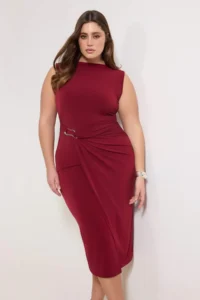 Trendyol Curve Burgundy bodycon Midi Accessory Detailed Knitting Plus Size Dress - Image 2