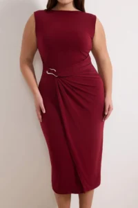 Trendyol Curve Burgundy bodycon Midi Accessory Detailed Knitting Plus Size Dress - Image 3