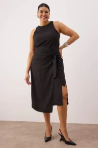 Trendyol Curve Black Slit and Binding Detailed Flannel Midi Weaving Plus Size Dress