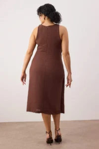Trendyol Curve Brown Slit and Binding Detailed Flannel Midi Weaving Plus Size Dress - Image 4