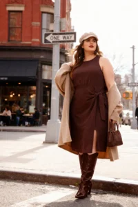 Trendyol Curve Brown Slit and Binding Detailed Flannel Midi Weaving Plus Size Dress - Image 5