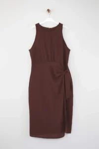 Trendyol Curve Brown Slit and Binding Detailed Flannel Midi Weaving Plus Size Dress - Image 6