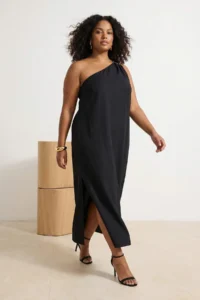 Trendyol Curve Black Asymmetric Yaka Maxi Weaving Plus Size Dress
