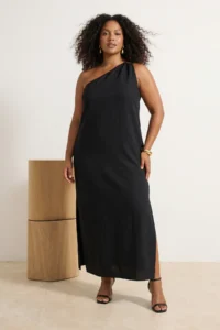 Trendyol Curve Black Asymmetric Yaka Maxi Weaving Plus Size Dress - Image 3
