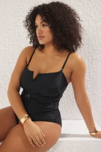 Trendyol Curve Black Square Neck V Low-cut Detailed Arched Waist Plus Size Swimsuit