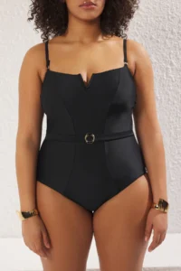 Trendyol Curve Black Square Neck V Low-cut Detailed Arched Waist Plus Size Swimsuit - Image 3