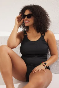 Trendyol Curve Black Shoulder Accessory Detailed Round Neck textured Material Plus Size Swimsuit - Image 2