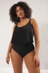 Trendyol Curve Black Ruffle Detailed Round Neck Sleeveless Plus Size Swimsuit