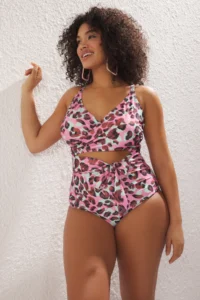 Trendyol Curve Multicolored Deep V Cut Out Detailed Leopard Patterned Plus Size Swimsuit - Image 2