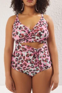 Trendyol Curve Multicolored Deep V Cut Out Detailed Leopard Patterned Plus Size Swimsuit - Image 3