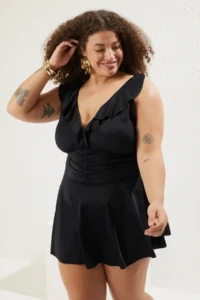 Trendyol Curve Black Neck Ruffle Detailed Plus Size Swimsuit with Shirred Waist Skirt - Image 2