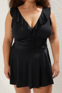 Trendyol Curve Black Neck Ruffle Detailed Plus Size Swimsuit with Shirred Waist Skirt - Image 3