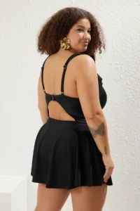 Trendyol Curve Black Neck Ruffle Detailed Plus Size Swimsuit with Shirred Waist Skirt - Image 5