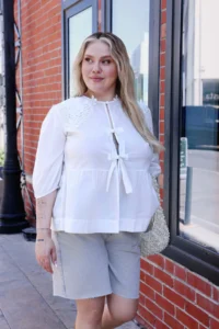 Trendyol Curve Light Blue Wide Leg Pattern 100% Cotton Non-Stretch Plus Size Shorts & Bermuda - Image 2