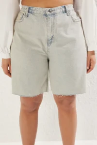 Trendyol Curve Light Blue Wide Leg Pattern 100% Cotton Non-Stretch Plus Size Shorts & Bermuda - Image 5