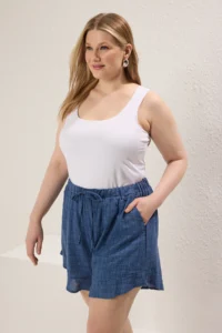 Trendyol Curve Indigo Wide Leg linen look Plus Size Shorts&Bermuda - Image 2
