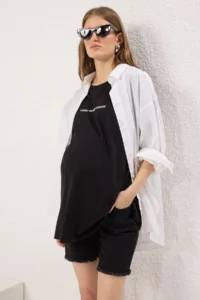 TRENDYOLMiLLA Black Abdomen Paneled Maternity Denim Shorts - Image 4