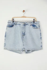 Trendyol Curve Light Blue High Waist Wide Leg 100% Cotton Non-Stretch Plus Size Shorts Skirt - Image 11