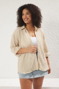 Trendyol Curve Beige Regular Fit Shirt Collar textured Material Knitting Flexible Plus Size Shirt