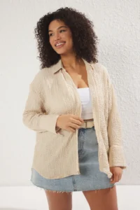 Trendyol Curve Beige Regular Fit Shirt Collar textured Material Knitting Flexible Plus Size Shirt - Image 2