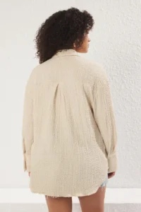 Trendyol Curve Beige Regular Fit Shirt Collar textured Material Knitting Flexible Plus Size Shirt - Image 3