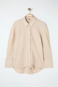 Trendyol Curve Beige Regular Fit Shirt Collar textured Material Knitting Flexible Plus Size Shirt - Image 4