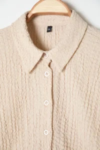 Trendyol Curve Beige Regular Fit Shirt Collar textured Material Knitting Flexible Plus Size Shirt - Image 5