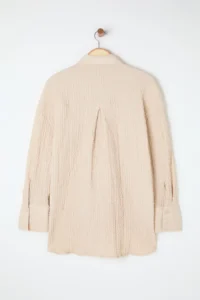 Trendyol Curve Beige Regular Fit Shirt Collar textured Material Knitting Flexible Plus Size Shirt - Image 6