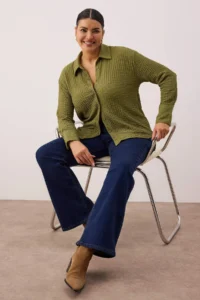 Trendyol Curve Khaki Regular Fit Shirt Collar textured Material Knitting Flexible Plus Size Shirt - Image 2
