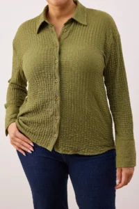 Trendyol Curve Khaki Regular Fit Shirt Collar textured Material Knitting Flexible Plus Size Shirt - Image 3