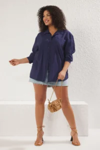 Trendyol Curve More Sustainable Navy Blue Modal Soft Touch Weaving Plus Size Shirt