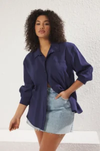 Trendyol Curve More Sustainable Navy Blue Modal Soft Touch Weaving Plus Size Shirt - Image 2